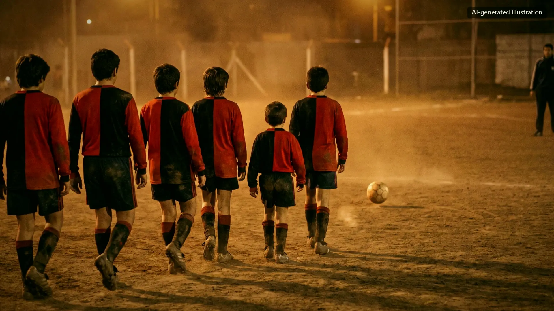 Six boys in red and black walking behind a ball.