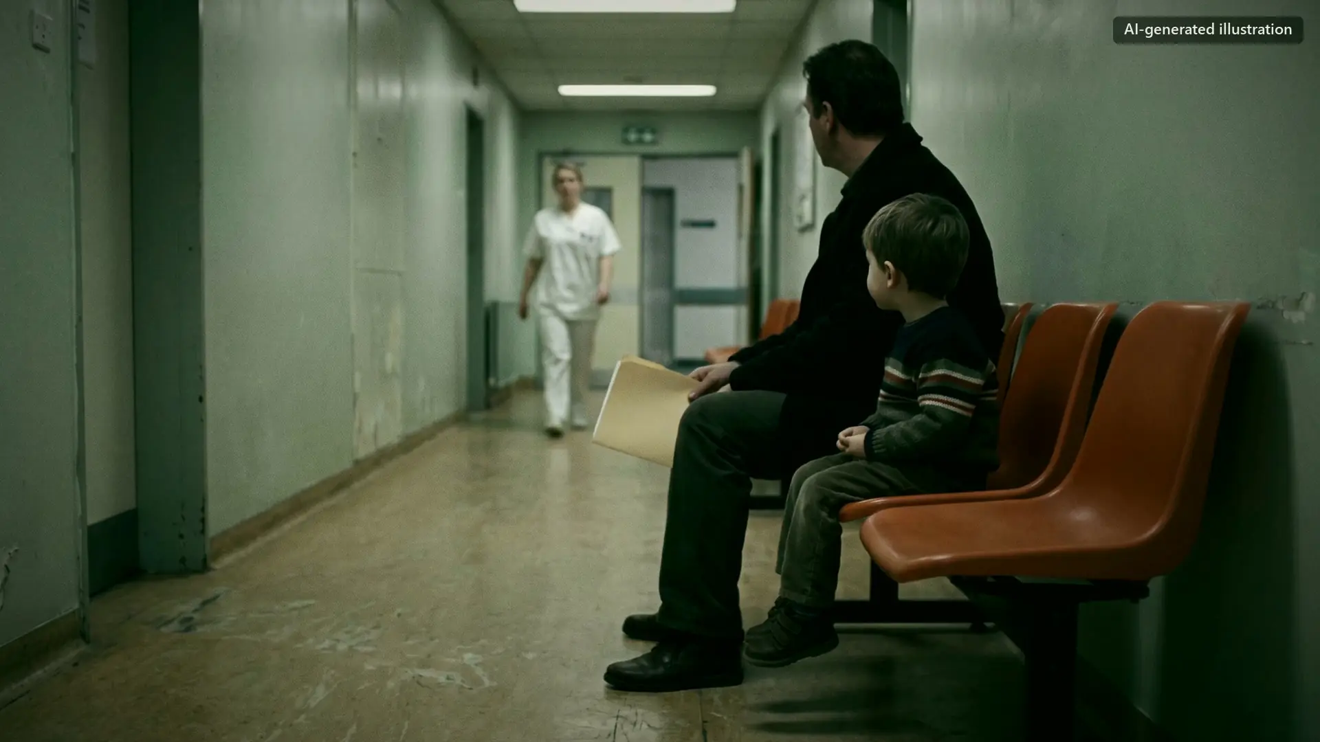 A man and a small boy waiting in a clinic corridor.