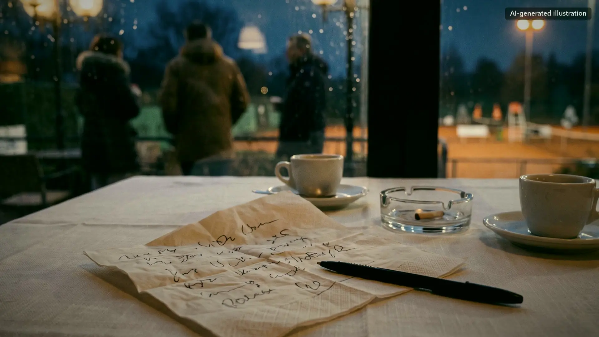 A handwritten paper napkin on a restaurant table. Not the real napkin.