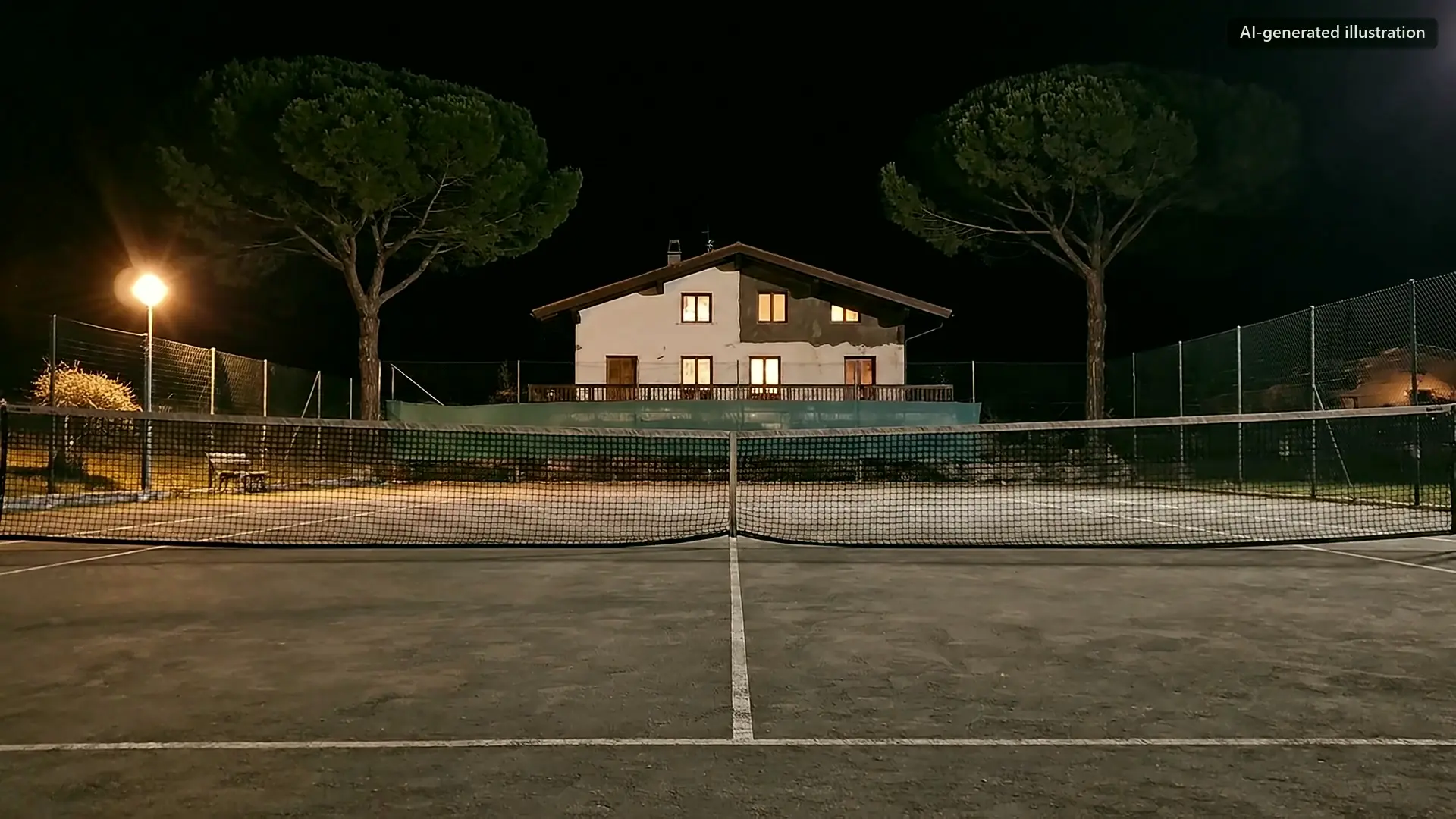 An empty tennis court at night.