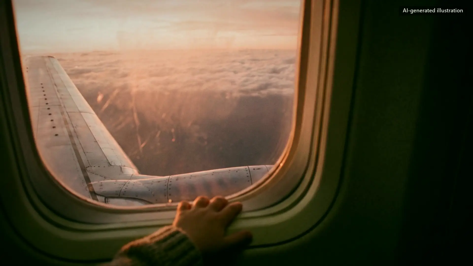 A hand on an aeroplane window, pink clouds outside.