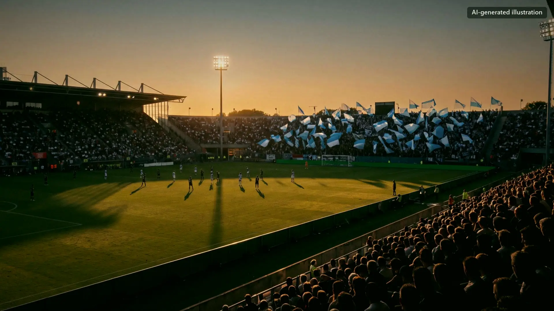 A packed stadium at dusk, flags in the far stand.