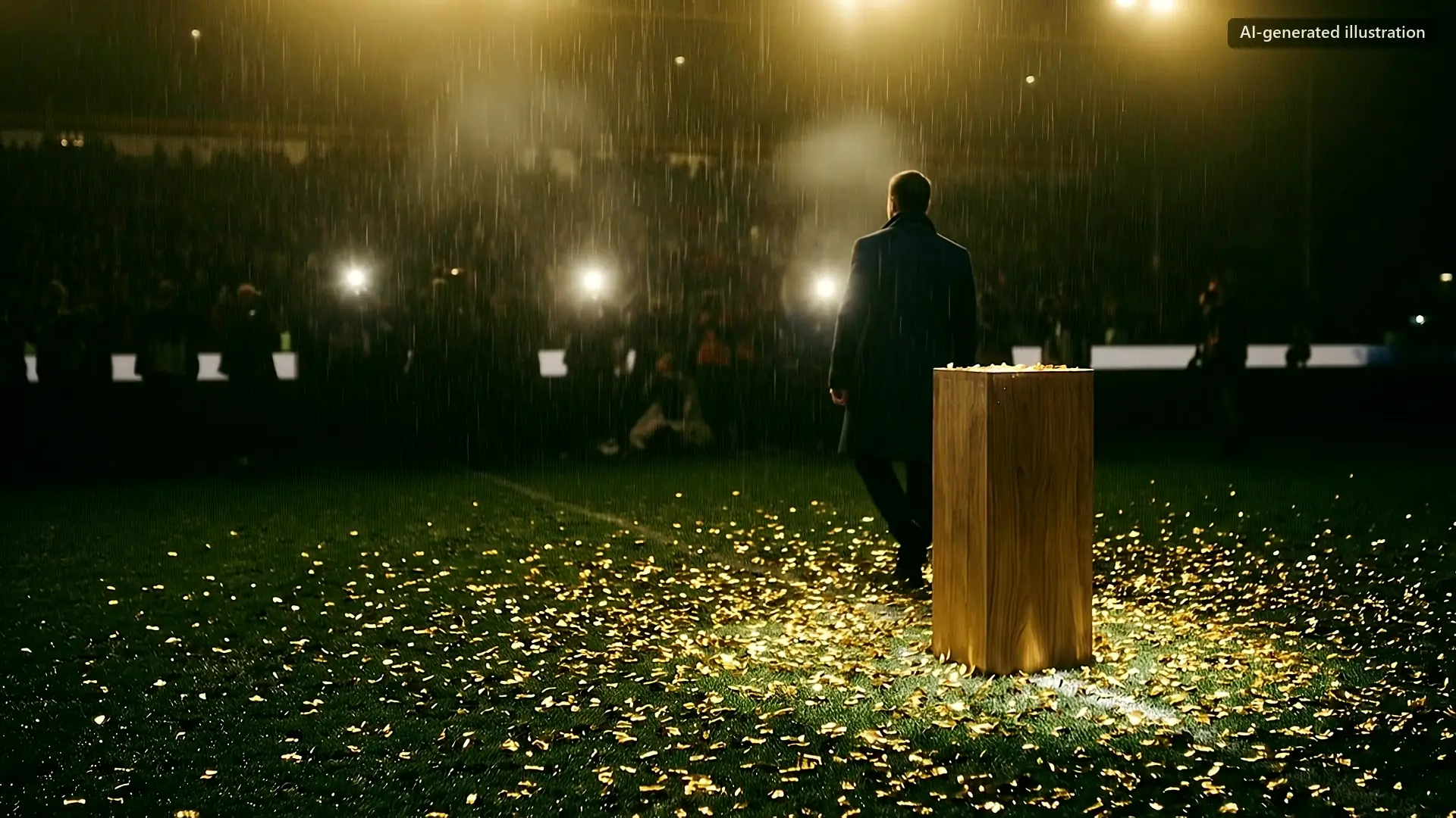 A man in a long coat, walking past a plinth in the rain.