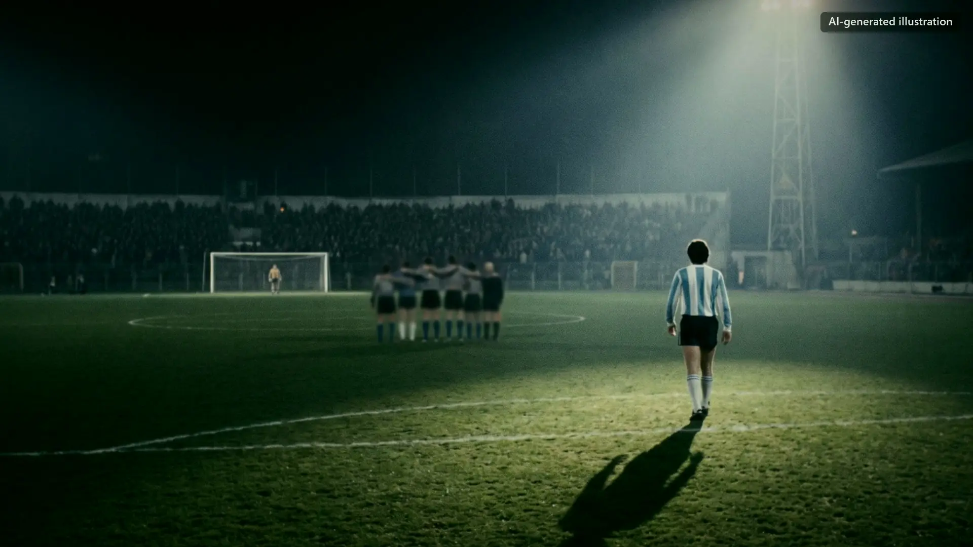 A lone player in pale blue and white stripes walking towards a distant goal on a blue-lit pitch at night.