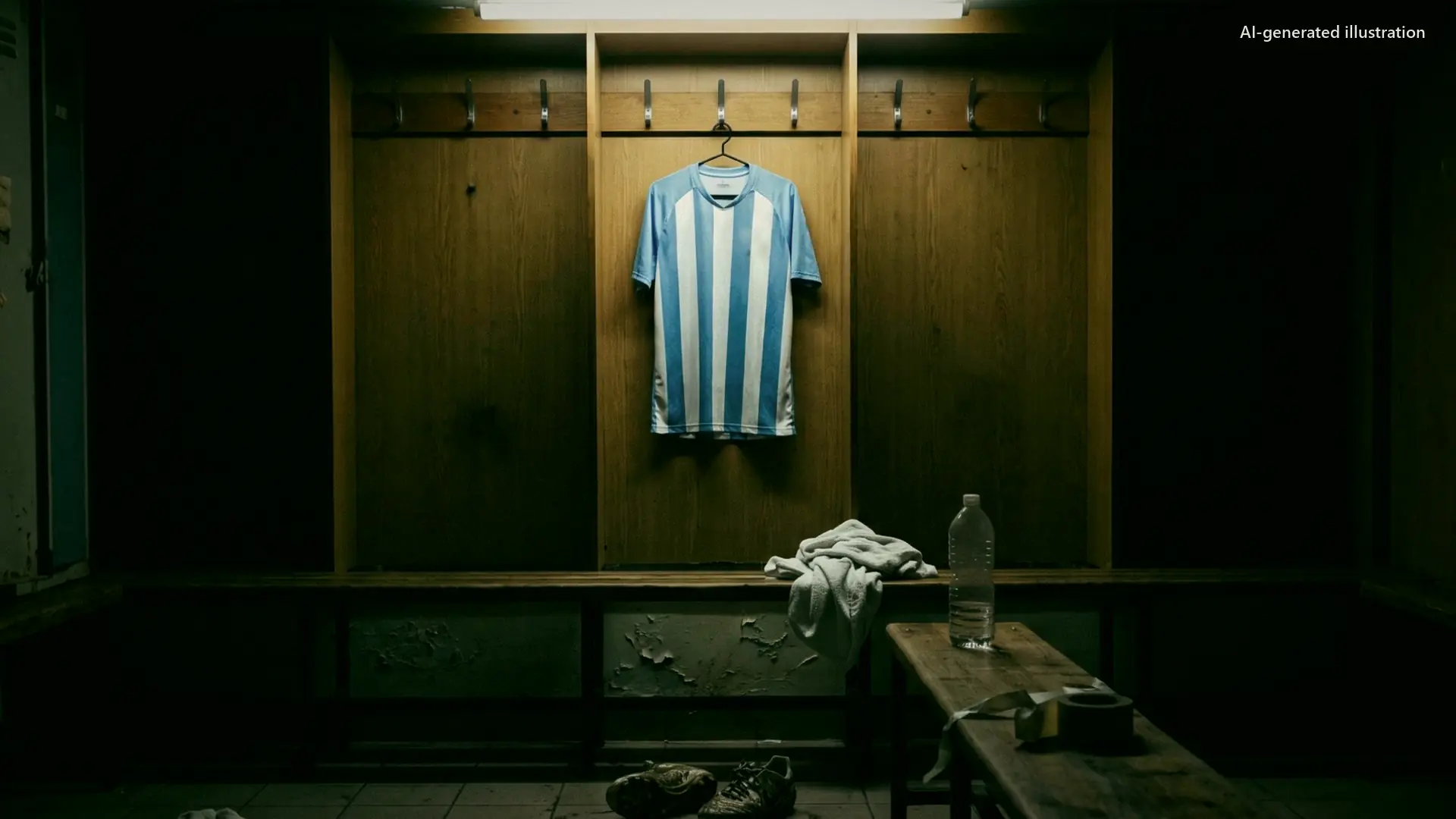 A striped shirt on a hook in an empty dressing room.