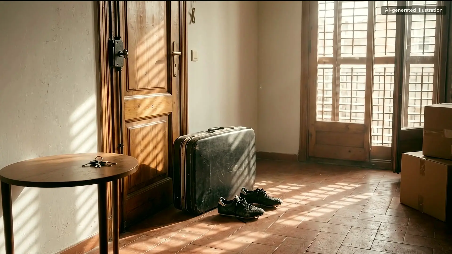 A worn suitcase, boots and packing boxes in slatted sun.