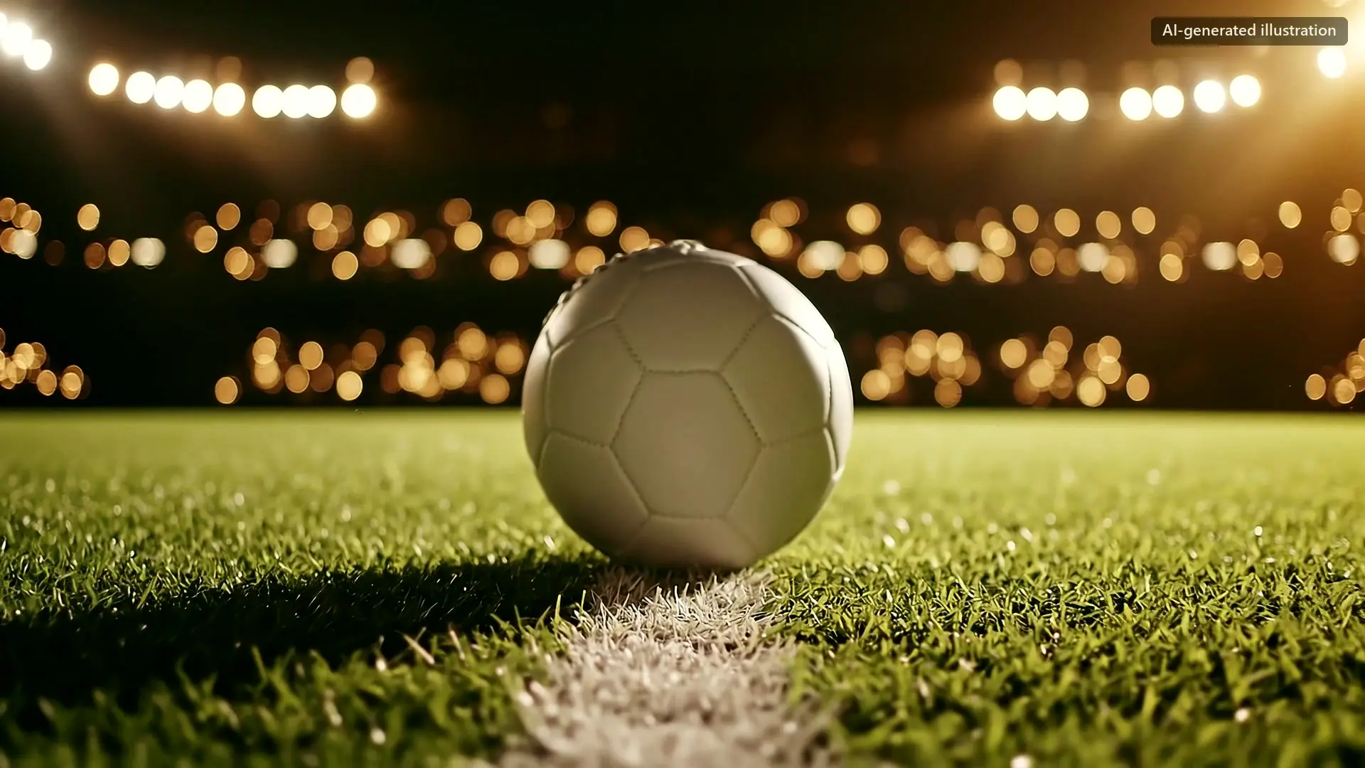 A plain white football on a touchline, stadium lights melting into gold behind it.