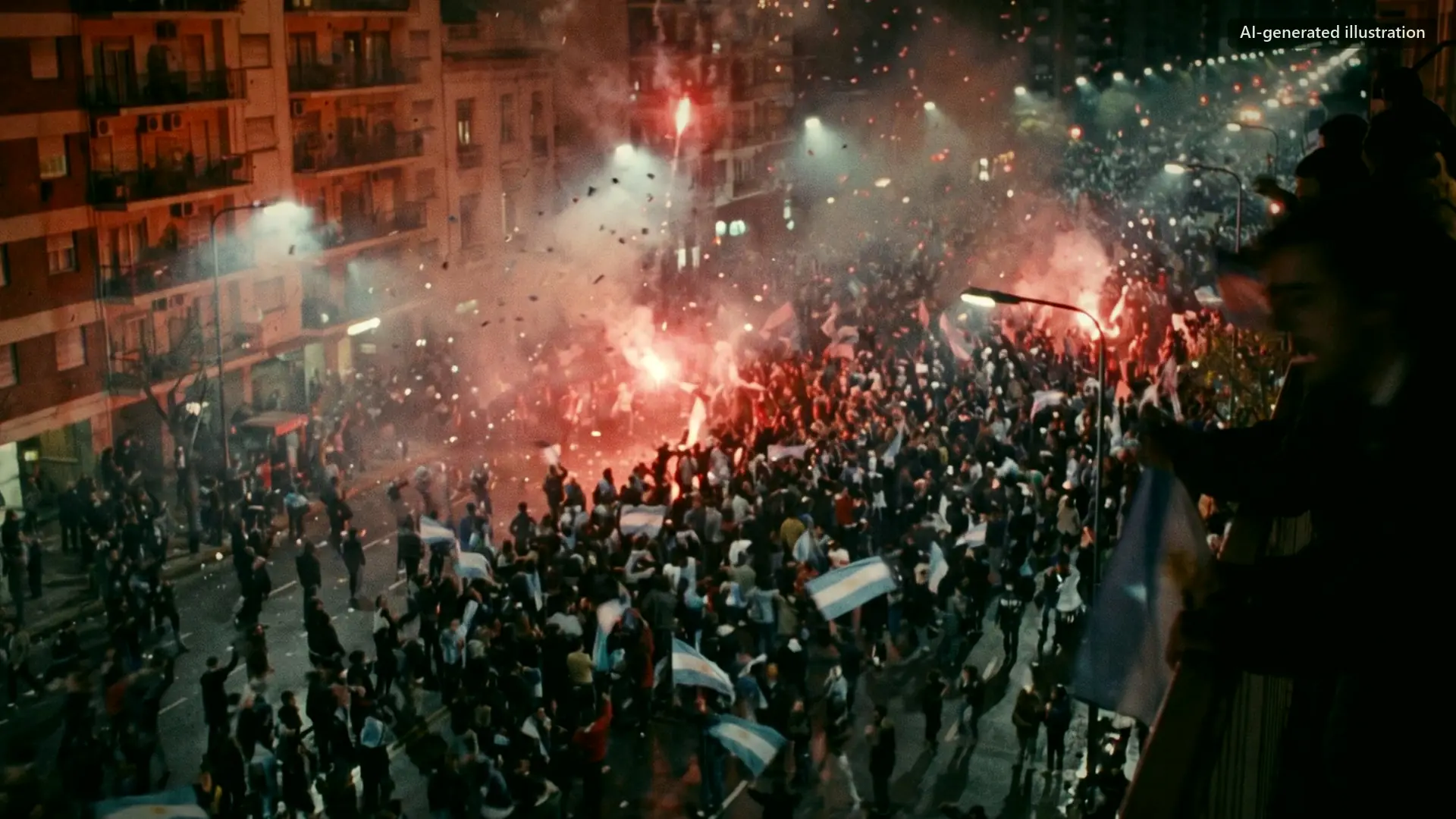 A street crowd at night with red flares.