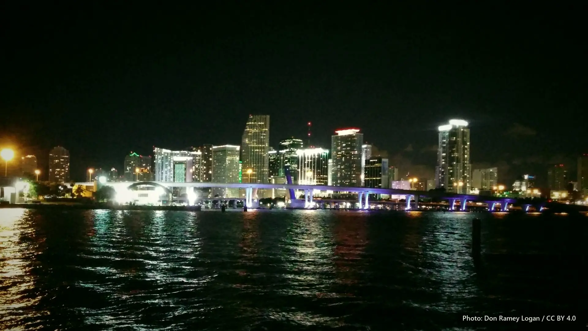 The Miami skyline at night, across dark water.