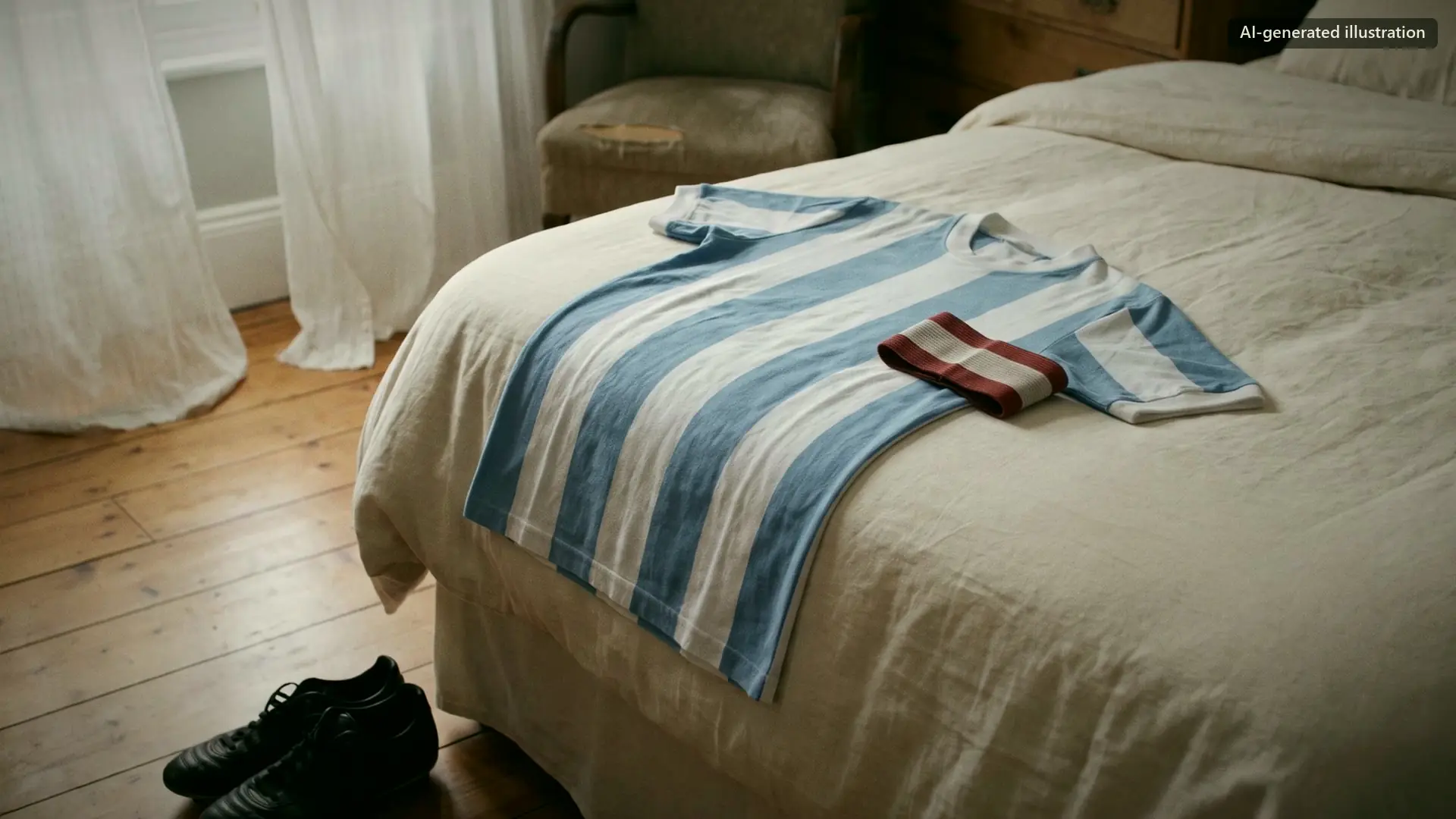 A striped pale blue and white shirt and a folded armband on a bed in a sunlit room, with boots on the floorboards.