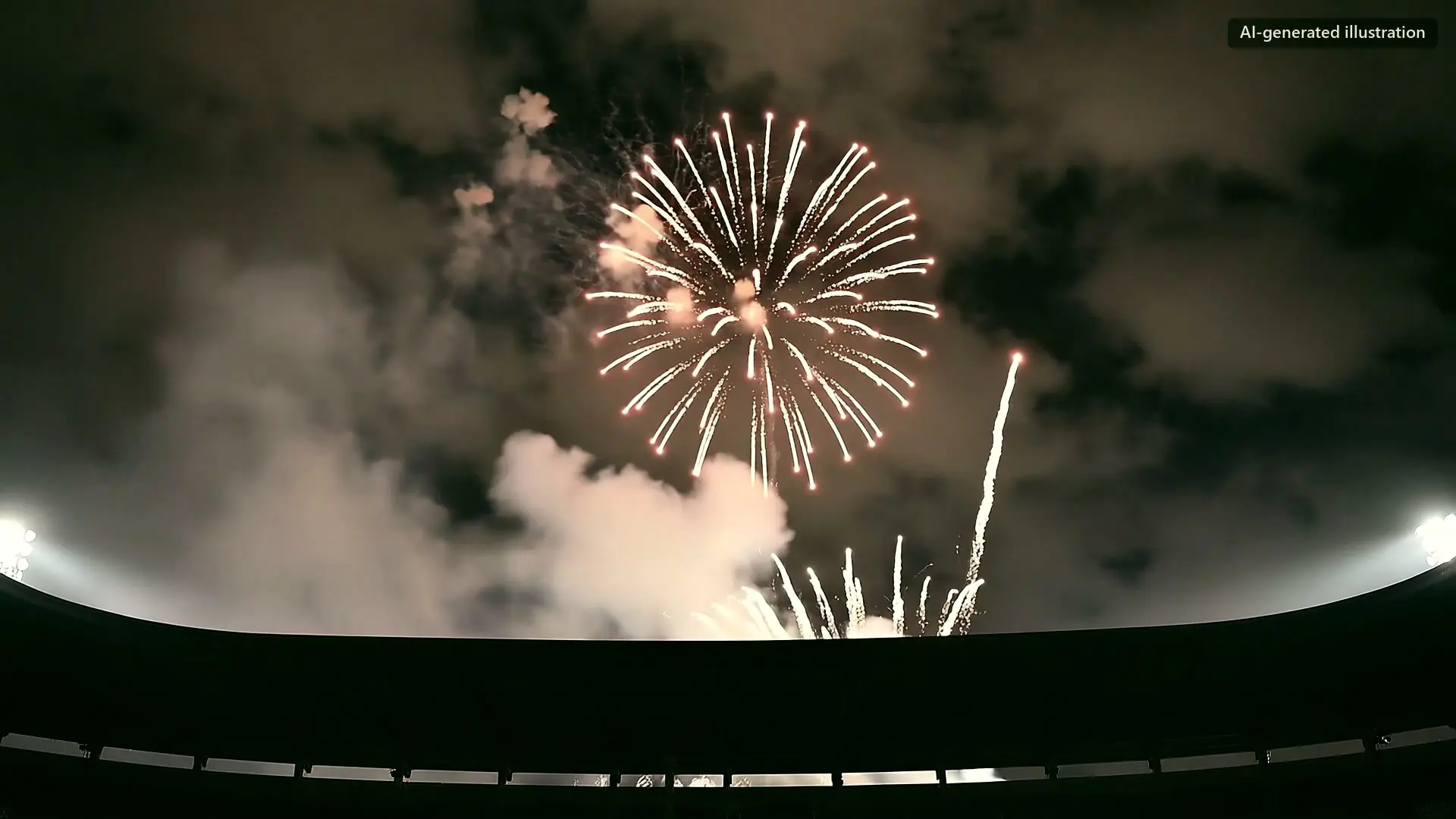 Fireworks and smoke above the rim of a stadium.